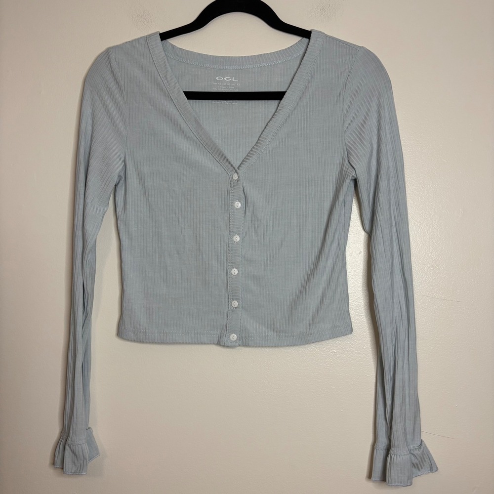 OGL Light Blue Ribbed Knit V-Neck Long Sleeve Button‎ Up Cropped Cardigan XS
